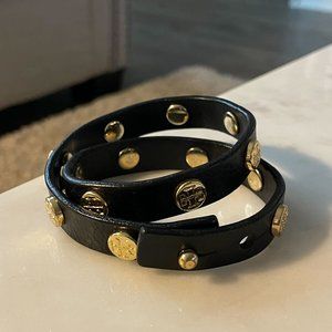 TORY BURCH Black Leather Logo Stud Wrap Bracelet